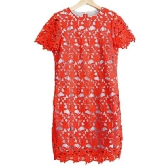 TWIK Simons Red Floral Lace Overlay Sheath Dress Sz S - Picture 2 of 11